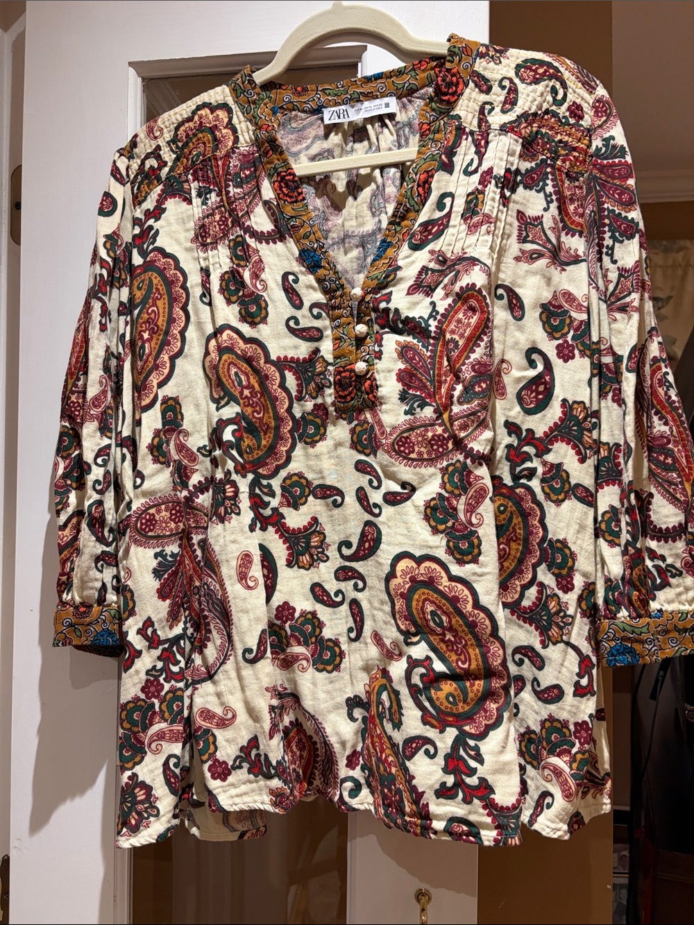 Zara Cream Paisley Blouse with Red, Green and Mustard Accents